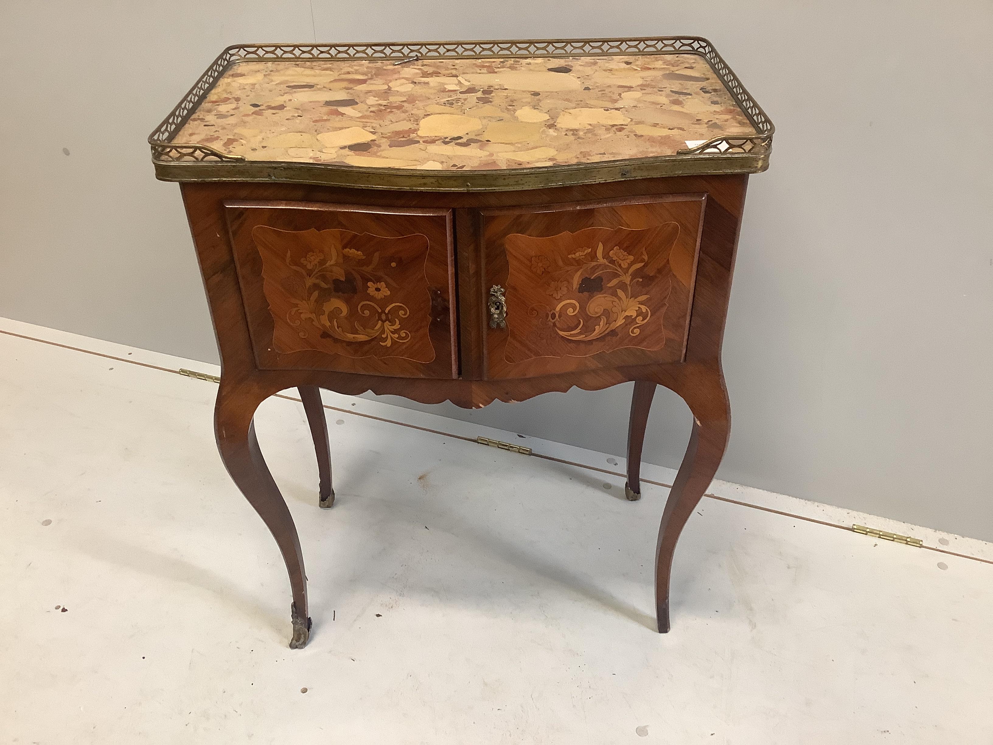 A Louis XVI style marquetry inlaid kingwood marble top serpentine small side cabinet, width 62cm, depth 38cm, height 78cm